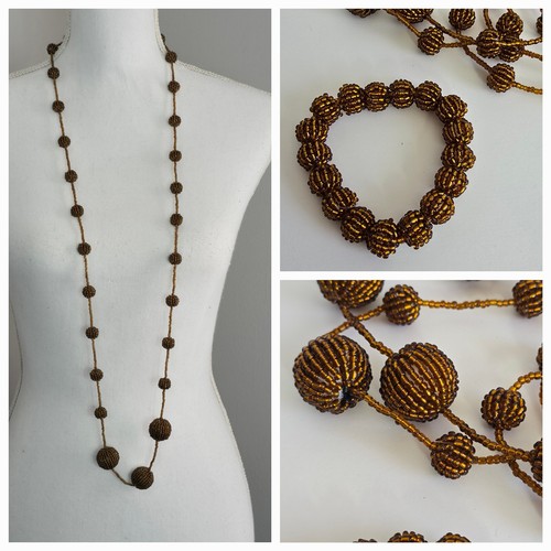 Copper Bronze Seed Bead Wrapped Beaded 47" Necklace and Stretch Bracelet Set - Picture 1 of 15