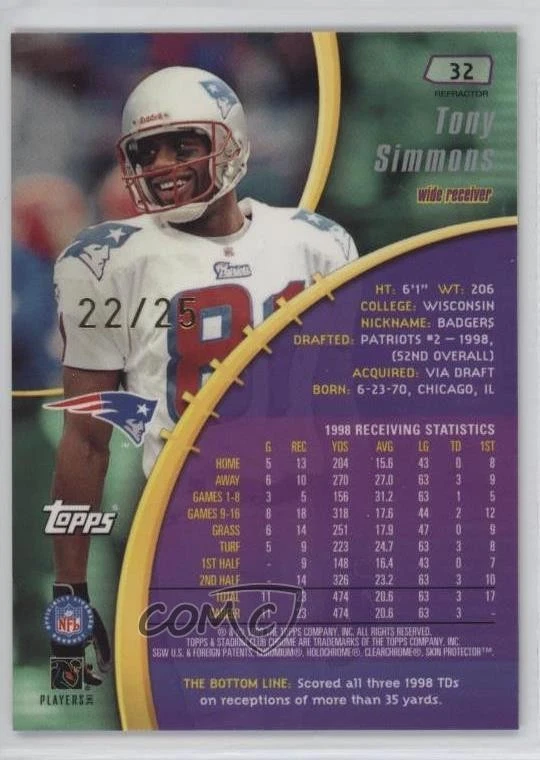 1999 Topps Stadium Club Chrome First Day Issue Refractor /25 Tony Simmons #32 - Image 2 of 2