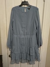 Express Clip Polka Dot Tiered Smocked Waist Dress Blue Dusk Sz L Knee Length C6