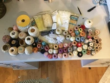vintage lot of 83 spools of thread 17 are wooden spindles, some lace and binding