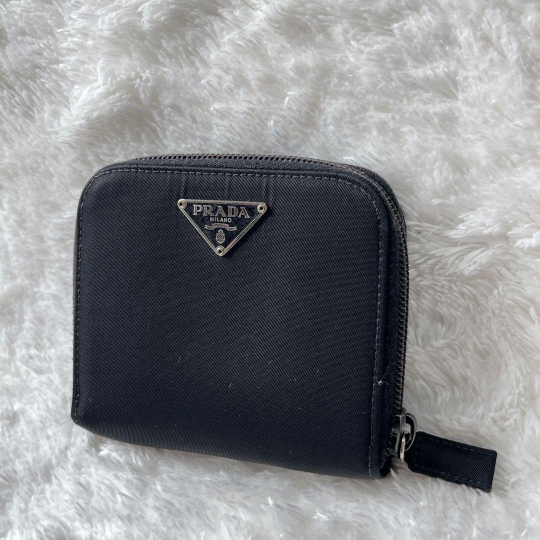 Prada Black Nylon Leather Bifold Wallet Round Zipper Credit Card Holder