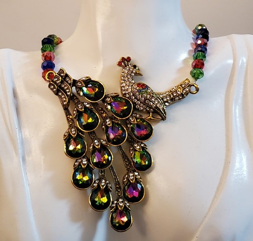 Collana Pavone Strass Colorati Multi Vetro Multicolore Lega Cristallo 20" - Foto 2 di 6