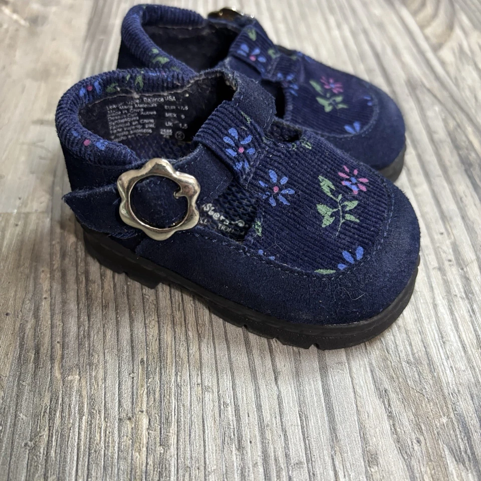 Navy Blue Infant Size 2 Leather Corduroy Mary Jane With Flowers - Image 2 of 4