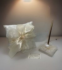 90s Beverly Clark Ivory Pearl and Lace Wedding Guest Book, Pillow and Pen