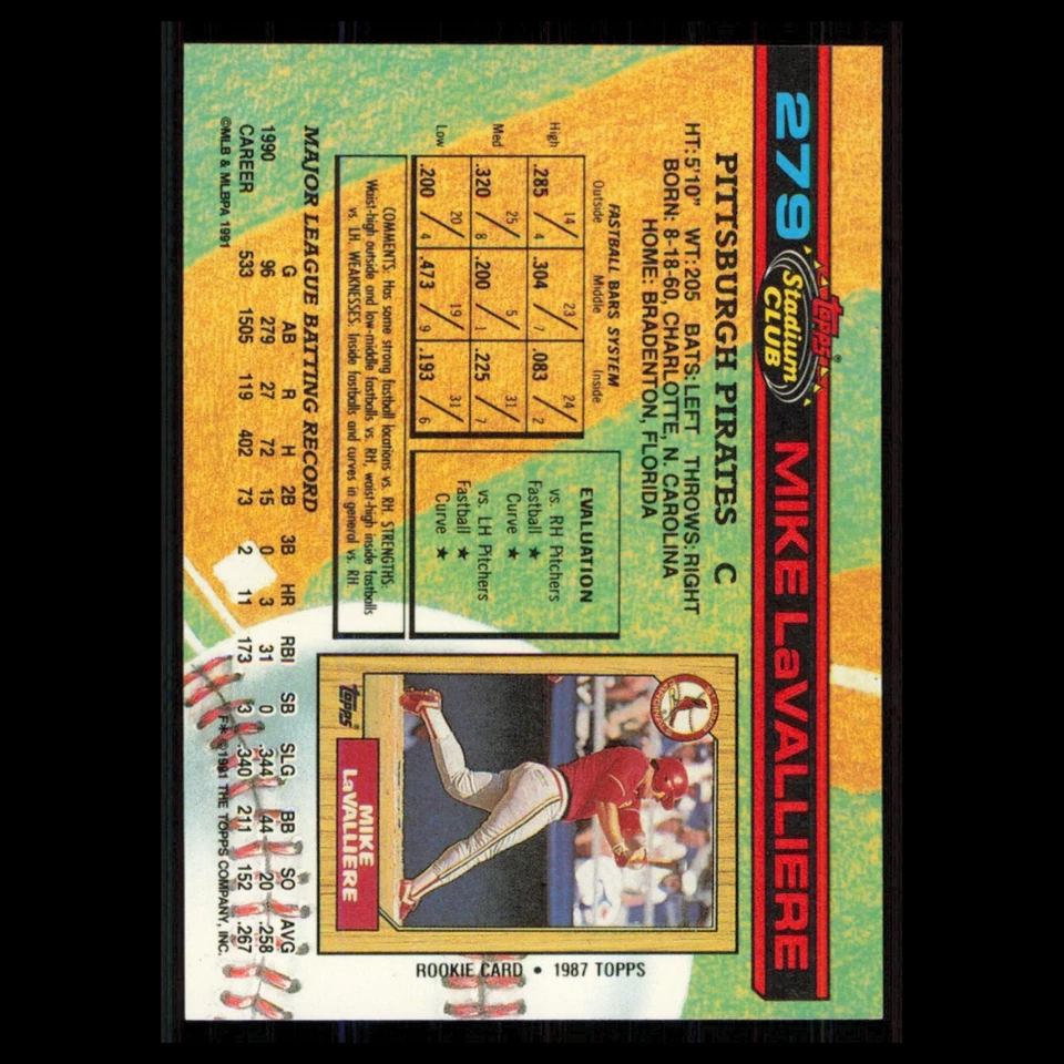 Mike LaValliere #279 1991 Topps Stadium Club Pittsburgh Pirates Baseball Card NM - Image 2 of 3