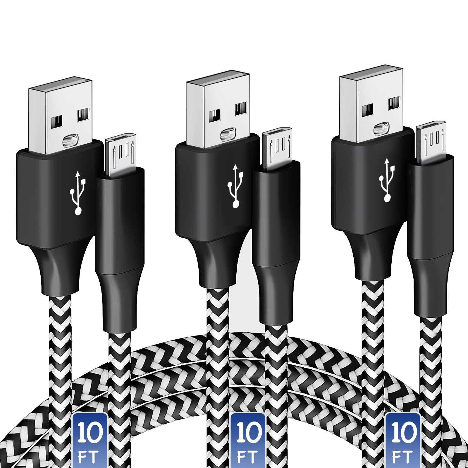 Micro USB Charging Cable 10/10/10FT, 3 Pack Nylon Braided Charger Cables for ...