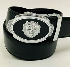 Men’s Leather belt strap Automatic sliding Silver Lion Design buckle Auto-lock
