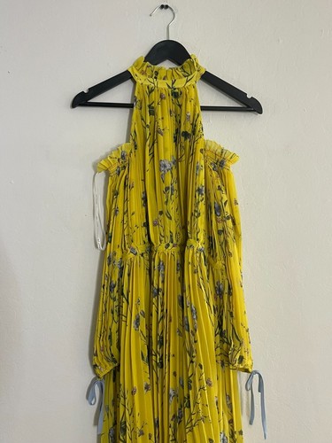Self Portrait S Dress Floral Yellow Pleated Cold Shoulder Maxi Flowy NEW NWT - Picture 5 of 14