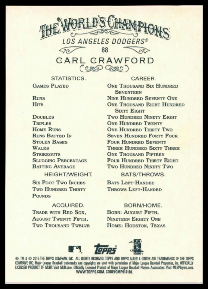 2015 TOPPS ALLEN AND GINTER X #88 CARL CRAWFORD LOS ANGELES DODGERS - Image 2 of 2