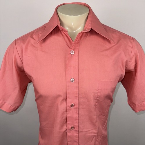 Vtg 60s 70s Sears Shirt Dress Pink Disco Big Collar Tapered Mod Medium Mens 15.5 - Picture 3 of 14