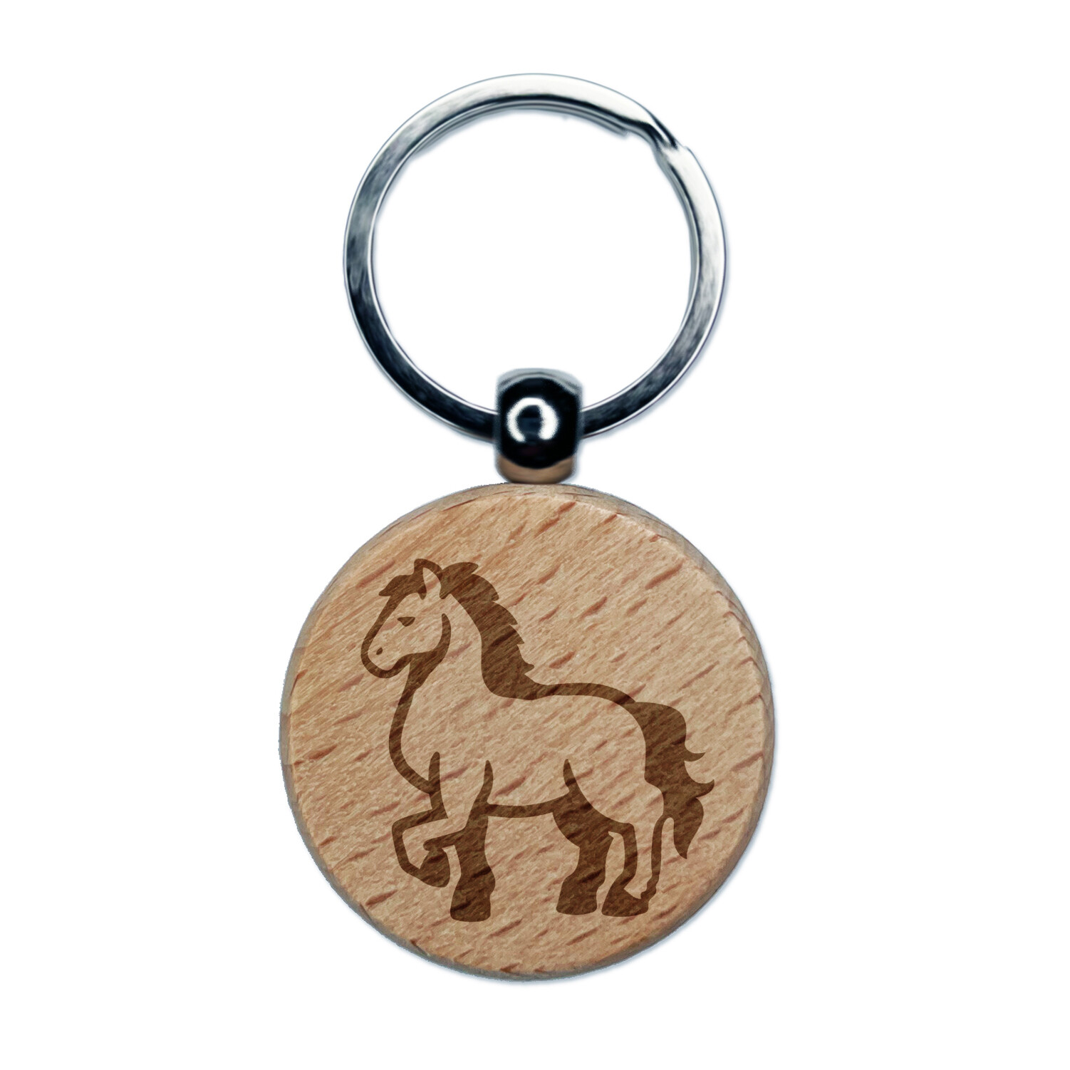 Majestic Standing Horse Engraved Wood Round Keychain Tag Charm