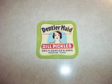 Vintage 1940s DENTLER MAID PICKLES JAR BOTTLE LABEL Houston Texas Kitchen Food