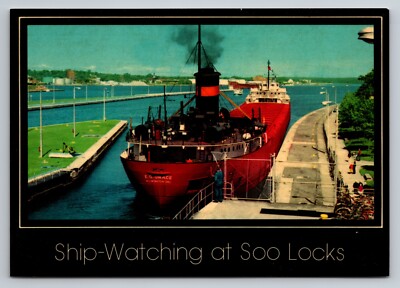 Ship-Watching At Soo Locks Sault St. Marie Michigan Vintage Unposted Postcard