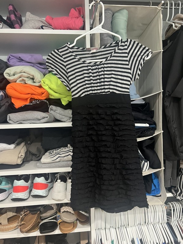 Julie's Closet Gray & Black Stripped & Black Ruffle Girls Dress in Size 10/12 M