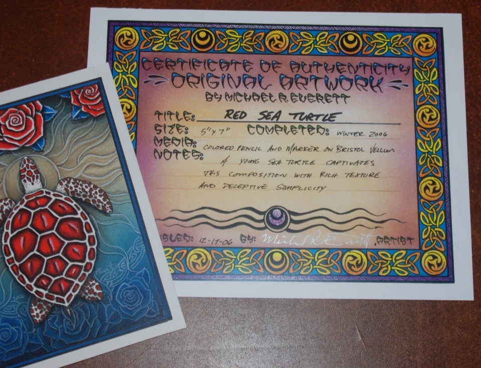 Michael Everett Original Art Red Sea Turtle 2007 Grateful Dead Blue Rose & Sun - Image 4 of 4