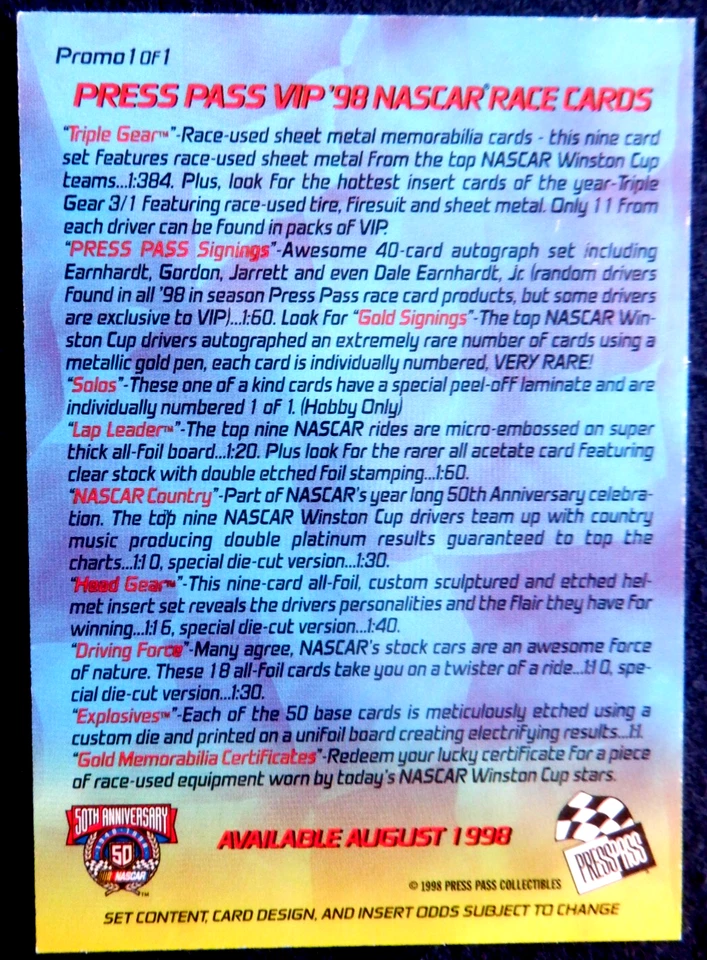 Jeremy Mayfield Nascar promo card 1, 1998 Press Pass - Image 2 of 2