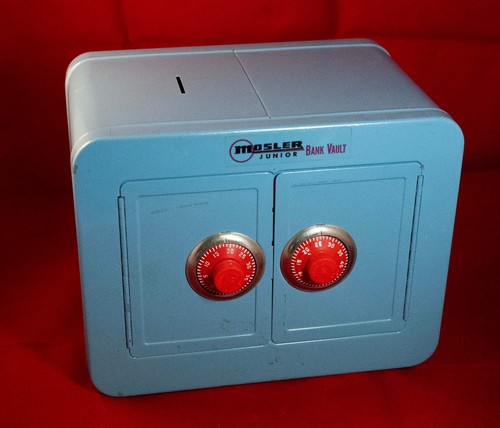 Mosler Junior Toy Bank Vault Safe blue double door with alarm