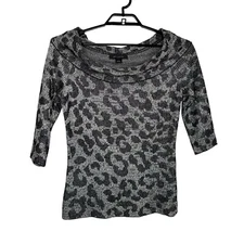 St John Womens Metallic Animal Print Off the Shoulder Top Sz Small Silver Black