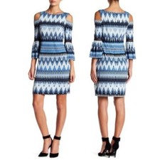 NEW $138 Eliza J Cold Shoulder Zigzag Print Dress Sz 10 Blue Bell Sleeve M28