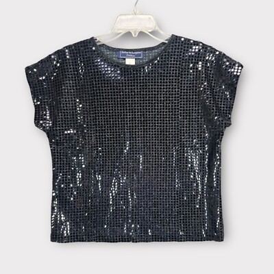 VTG Womens Boxy Sequin Shirt Size 8P Black 80s Glam Disco Party Costume Dance