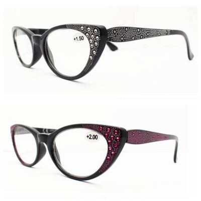 Women's Cat Eye Rhinestone Spring Hinges Resin Reading Glass +1.0~+4.0 4.5 +6.0