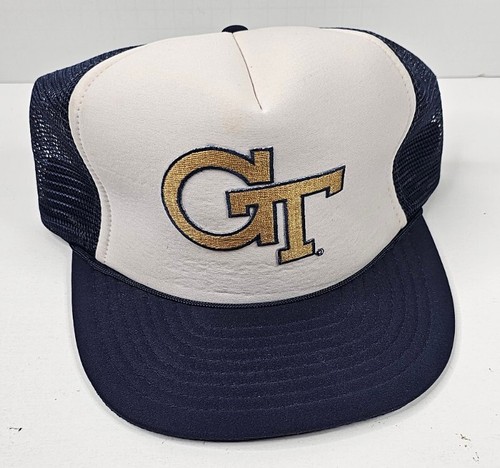 Vintage Georgia Tech Yellow Jackets Trucker  Hat Mesh Snapback Hat Blue White 70 - Picture 1 of 5