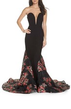 MAC DUGGAL 67673R Black Red Floral Jacquard Strapless Plunging Mermaid Gown 8 M