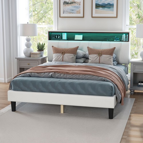 King / Queen Size Bed Frame Black / White Upholstered Headboard & Charging Ports - Picture 18 of 43