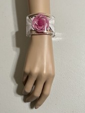 Vtg Chanel Clear Pink Camellia Lucite Cuff Bracelet