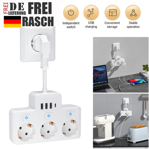 3 Fach Steckdosenleiste USB Mehrfachsteckdose Einzeln Schaltbar Mehrfachstecker - Bild 13 von 13