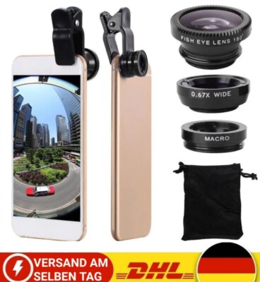 3in1 Smartphone Linsen Set Fisheye Weitwinkel Makro Handy Kamera Objektiv NEU
