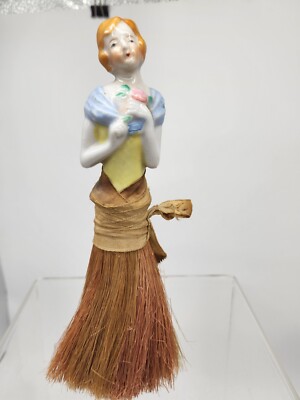 Vtg Victorian Porcelain Wisk Brush Vanity Half Doll Japan   T60
