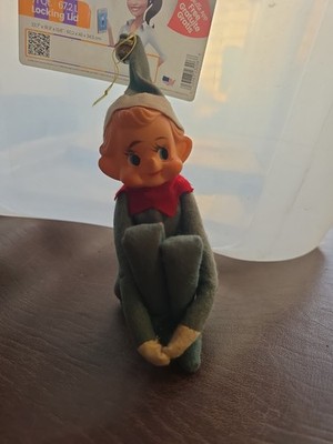 Vintage Japan Green Knee Hugger Elf Pixie Christmas Felt Poseable Ornament