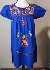 Vintage Mexican Embroidered Huipil Blouse Tunic Blue Floral Boho Top Small