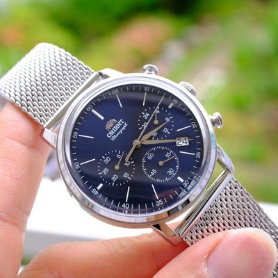 ORIENT Chronograph Men's Watch Navy Dial Mesh Bracelet From Japan
