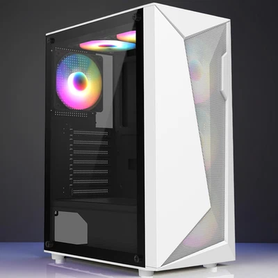 CIT Mesh White ATX Gaming Tower PC Case Full Tempered Glass Panel 6 x ARGB LED Fans