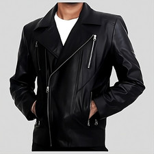 Men's Genuine Lambskin Leather Biker Jacket Black   Asymmetrical Zipper Slim Fit