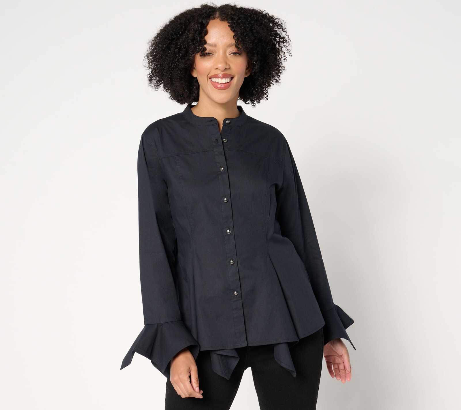 Women with Control Attitudes by Renee Handkerchief Hem Button Down Shirt Black X