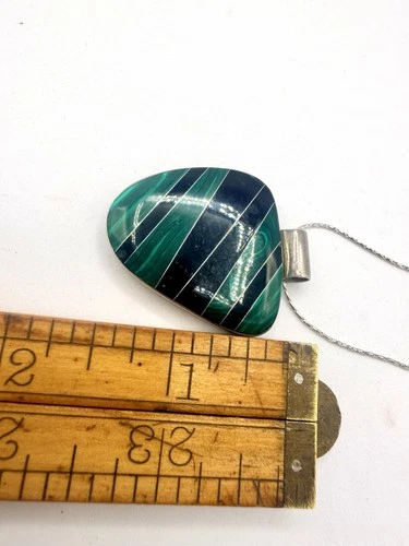 Sterling Silver Malachite Onyx Inlay Pendant Necklace Mexico 925 17 in HS image 8