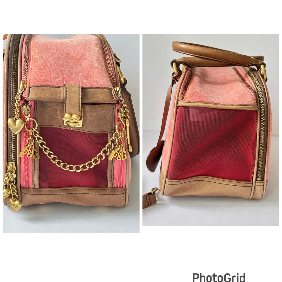 Bolso de Terciopelo Vintage Juicy Couture Mascota Perro Borde de Cuero Rosa Dijes Dorados Y2K *Leer Foto 3 de 4