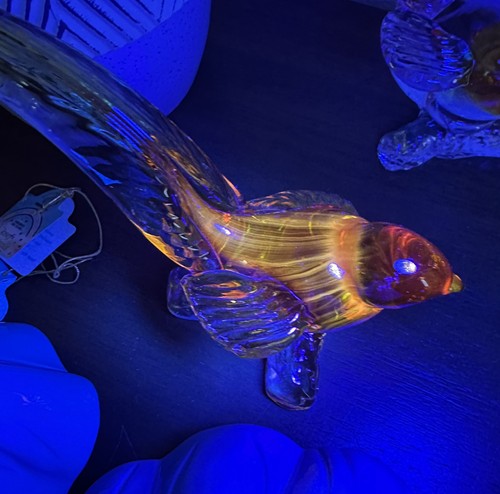 Vintage Murano Art Glass Bird Perched On Branch Yellow Gold Clear Bird Sculpture - Picture 4 of 24