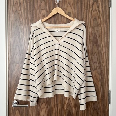 Max Studio creme-schwarz gestreifter Strickpullover weite Ärmel Kragen V-Ausschnitt kastig L