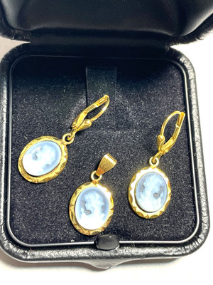 333 Gold Cameo blue Onyx Ohrringe und Anhänger Set Kamee