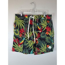 Caribbean Joe Mens Swim Trunks Large Tropical Parrot Floral Board Shorts Black