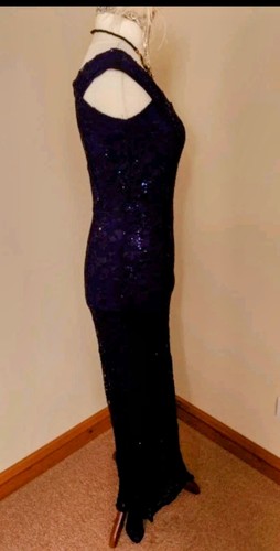 Quiz Navy Blue Lace Sequin Long Evening Dress 12 Off Shouder V-bar Cruise Formal - Picture 5 of 15
