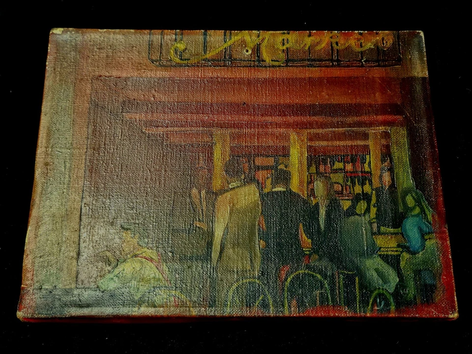 Original Framed Miniature Oil Painting - Figures in a Red-Lit Cafe or Bar - Image 2 of 4
