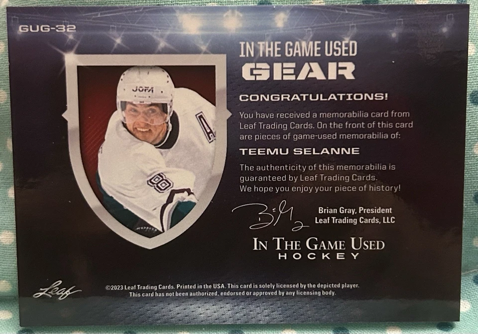 TEEMU SELANNE 2022-23 Hoja en el juego usado equipo de hockey reliquias 3/4 Foto 2 de 2