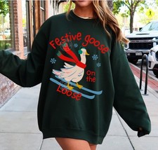 "Festive Goose On The Loose" Christmas Pullover Sweater Xmas Gift S-5XL