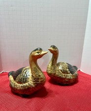 Vintage Ceramic Goose Duck Figurines Pair Brown Glaze Rustic Farmhouse Decor