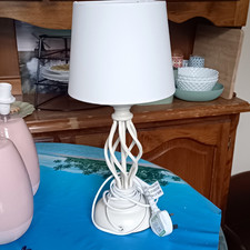White Metal Table Lamp with White Drum Fabric Shade Corded Switch Touch Sensor